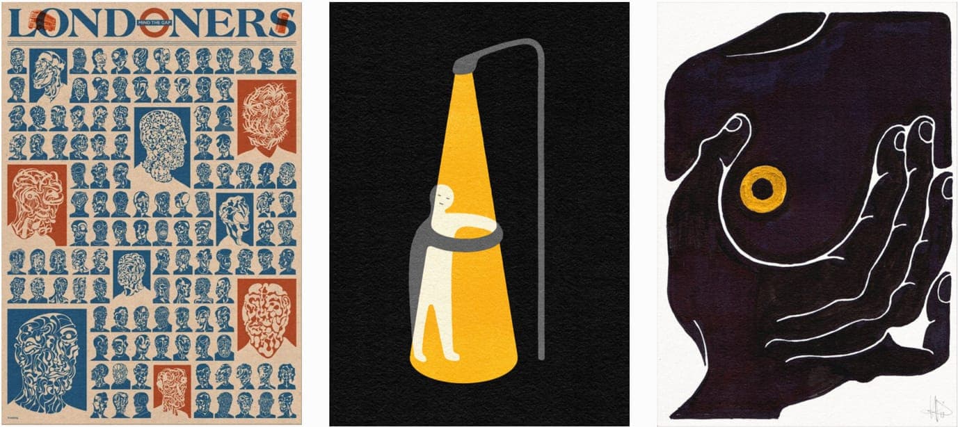 Tres ilustraciones de Henrik Delehag una junto a otra: un cartel de Londoners repleto de cientos de cabezas diminutas dibujadas, una figura que abraza el haz amarillo de una farola, y unas manos oscuras y ahuecadas que sostienen un único anillo dorado