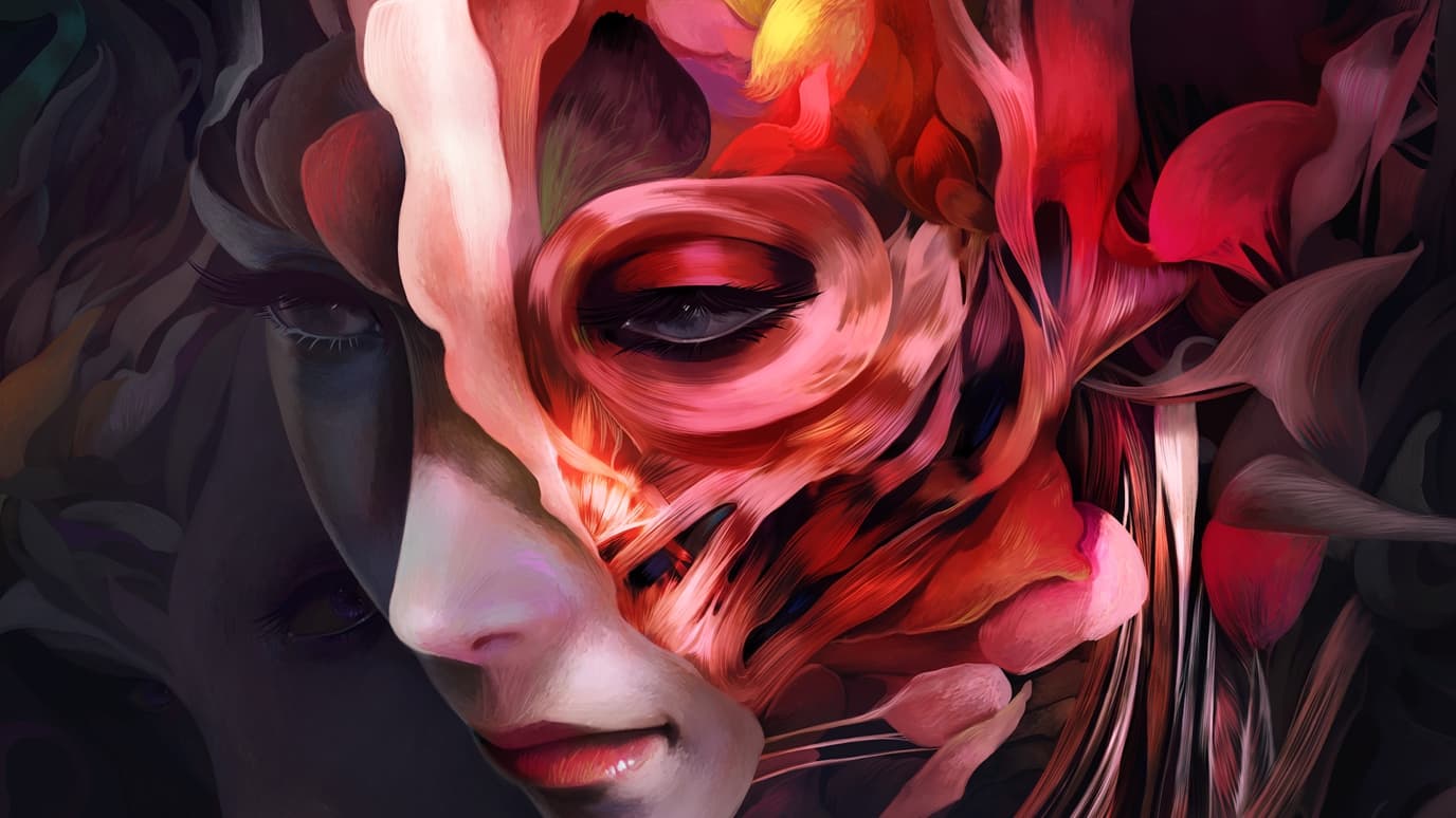 Un retrato cercano, medio iluminado, envuelto en pétalos carmesí oscuros, con un ojo representado como una rosa enroscada y musculosa