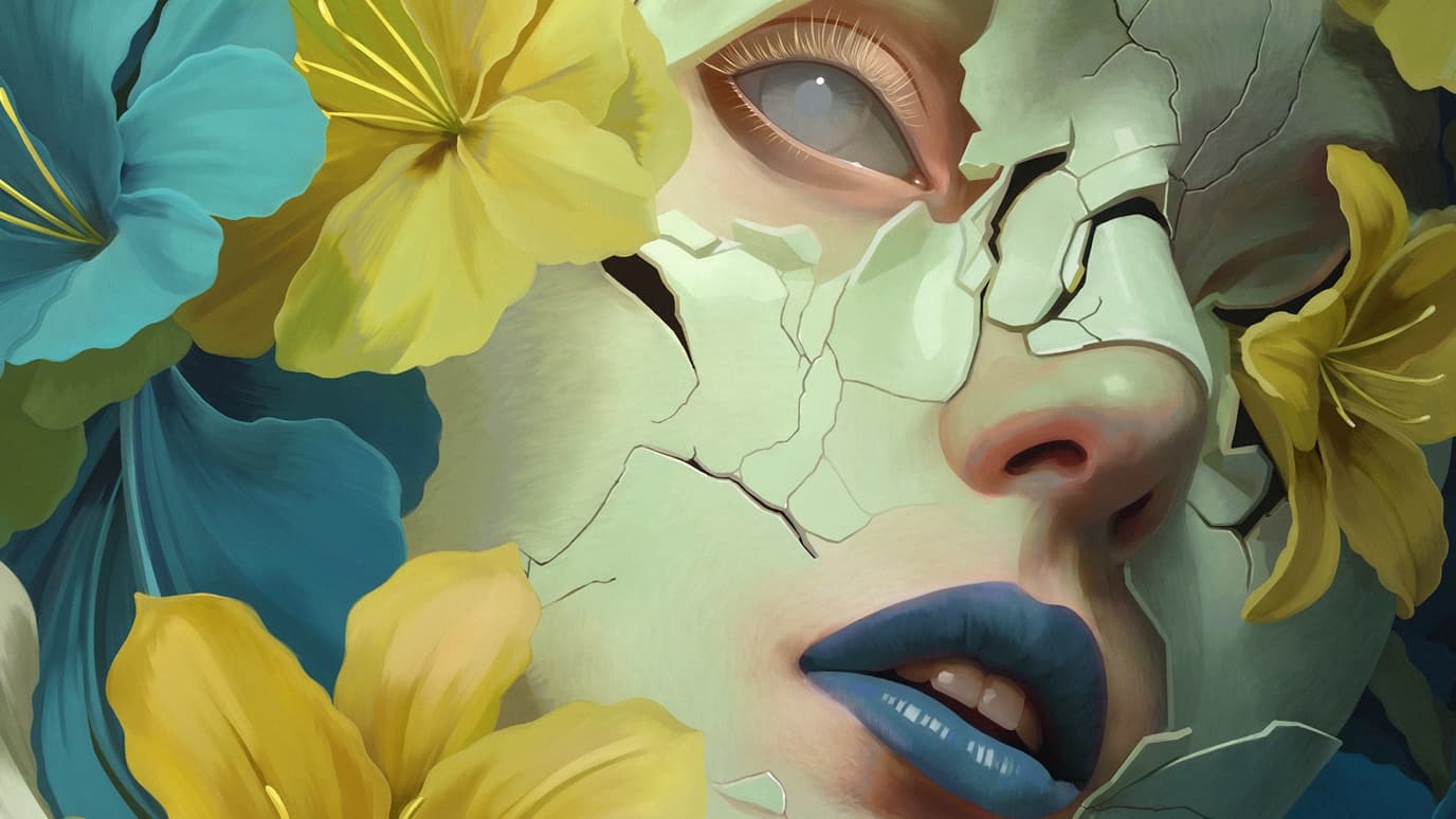 Un rostro que se agrieta como porcelana, enmarcado por flores azules y amarillas, con un ojo aún intacto que mira desde entre las fracturas
